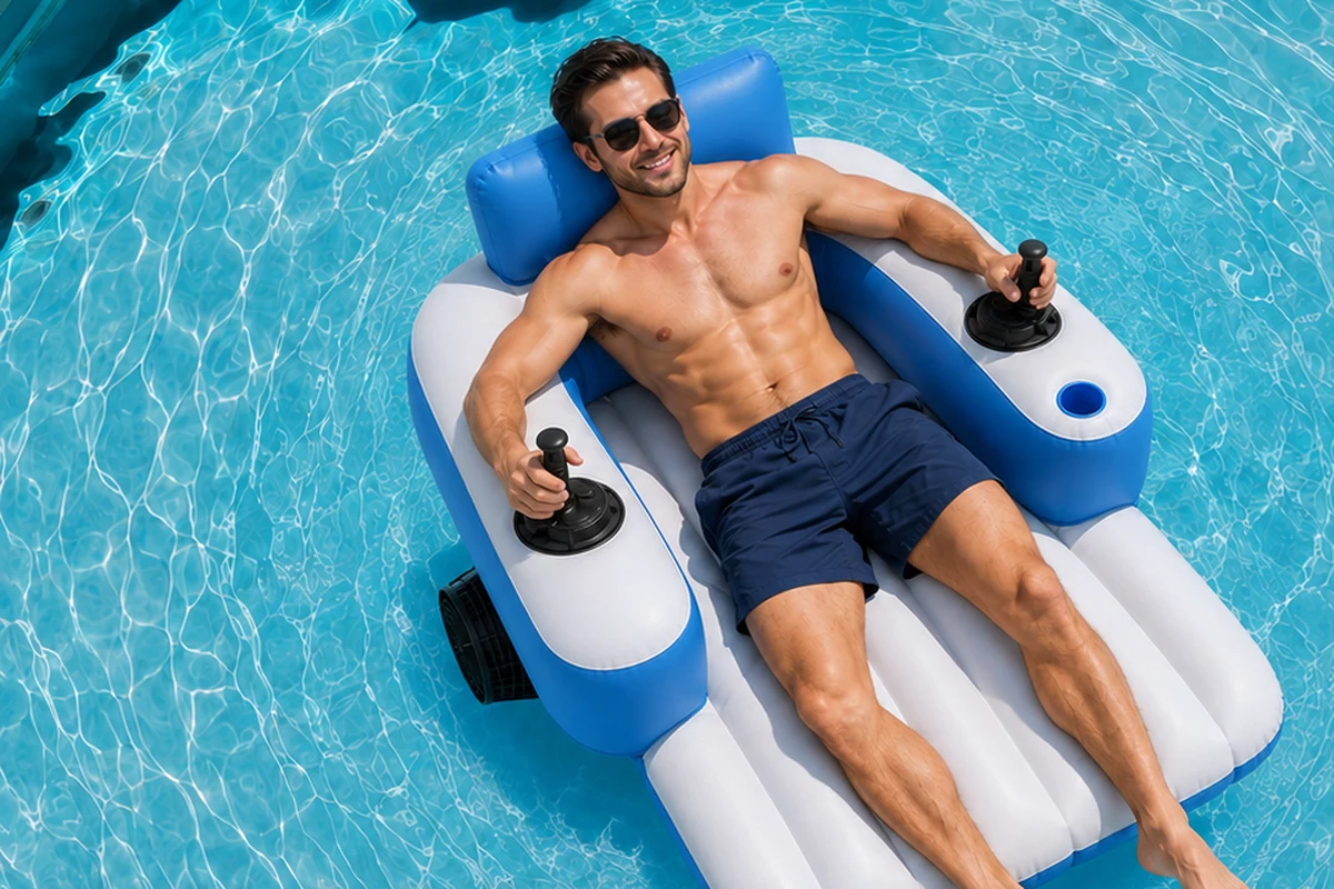 Supplier lifestyle illustration of an adult relaxing on the blue and white Cruise D2 in a swimming pool